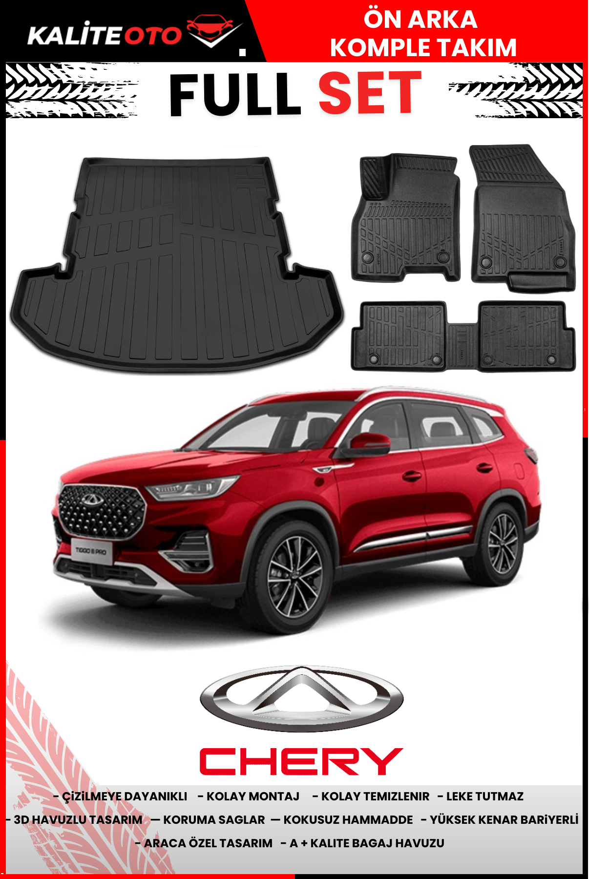 Chery Tiggo 8 Pro 2022 Ve Sonrası 3D Bagaj Havuzu+4D Havuzlu Paspas Setiii