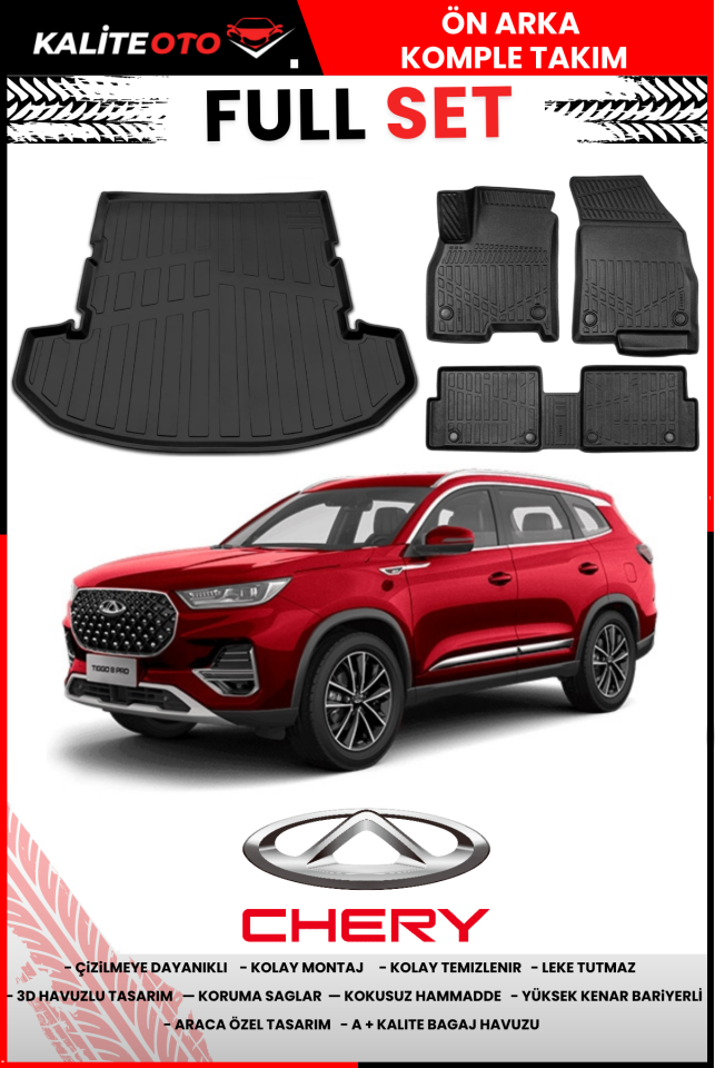Chery Tiggo 8 Pro 2022 Ve Sonrası 3D Bagaj Havuzu+4D Havuzlu Paspas Setiii