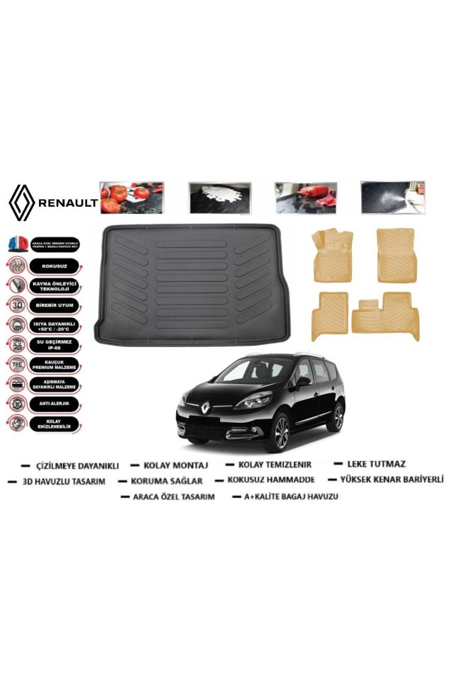 Renault Scenic 3 2010 Model Bagaj Havuzu+Araca Özel Bej Paspas Takımı Flex