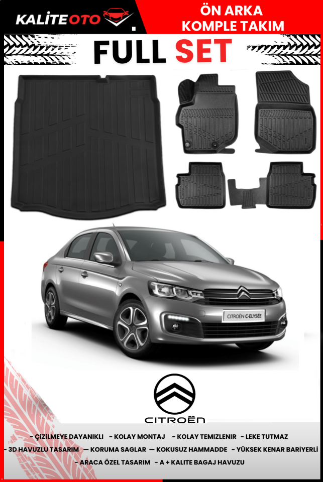 Citroen C-Elysee 2012 Ve Sonrası 3D Bagaj Havuzu+4D Havuzlu Paspas Seti