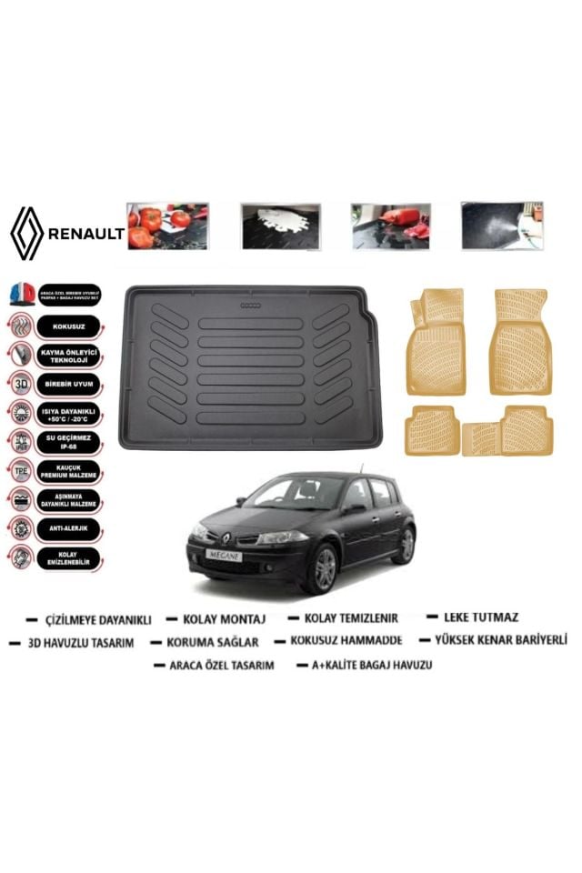 Renault Megane 2 HB 2002 Model Bagaj Havuzu+Araca Özel Bej Paspas Takımı Flex
