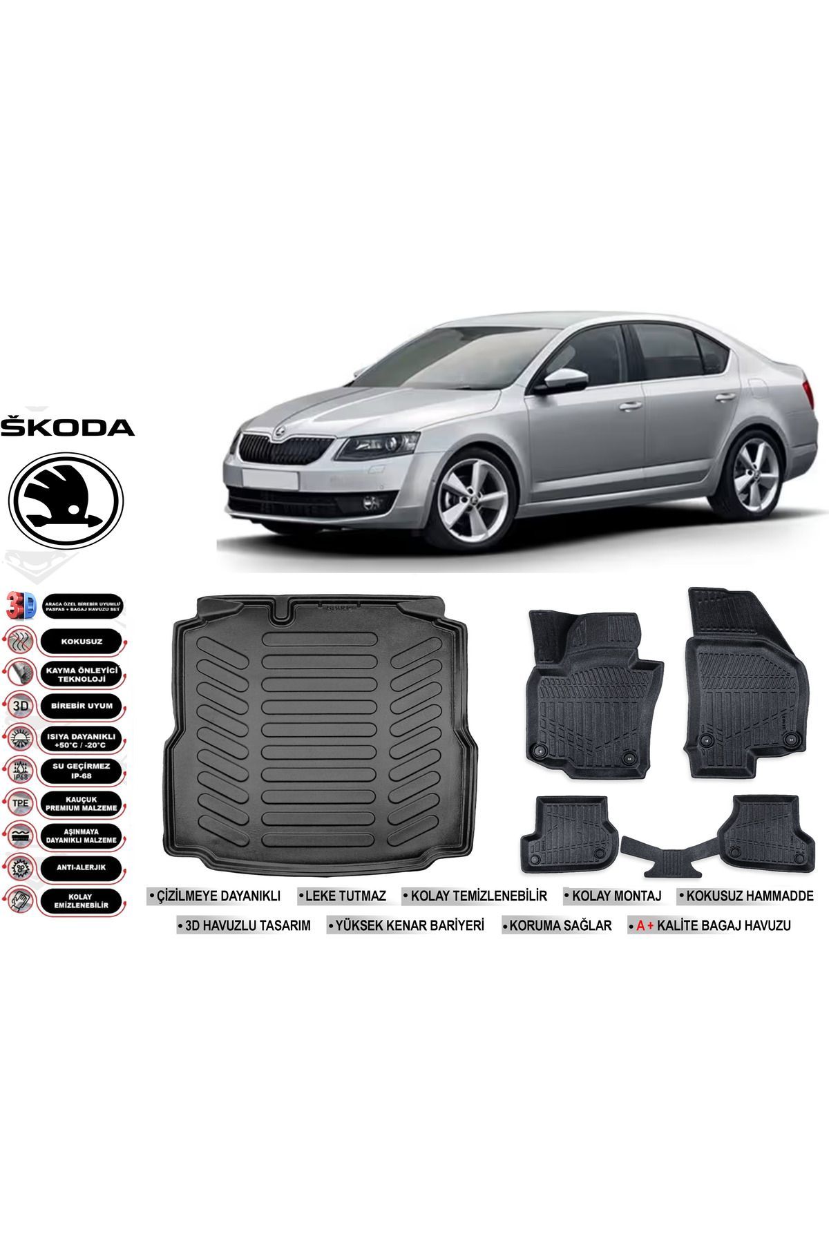 Skoda Octavia 2015 Model Bagaj Havuzu Araca Özel Siyah Havuzlu Paspas Takımı Sett