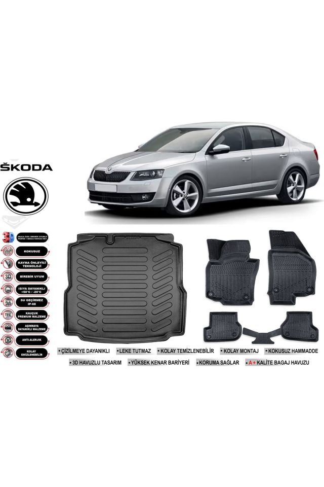 Skoda Octavia 2015 Model Bagaj Havuzu Araca Özel Siyah Havuzlu Paspas Takımı Sett